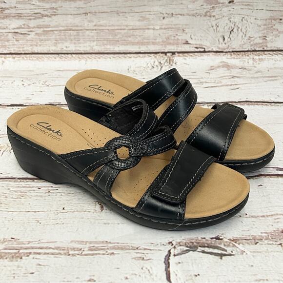 CLARKS Heeled Black Sandals Sz 8.5 - Picture 1 of 7